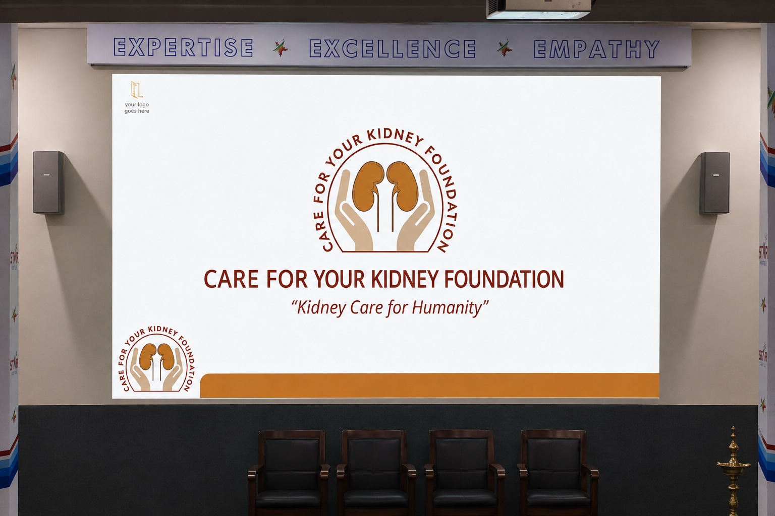 Care for Your Kidney Foundation branding on stage, “Kidney Care for Humanity”